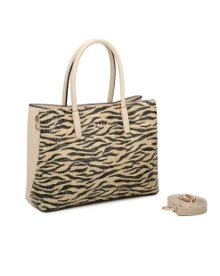 RIFLE - Borsa due manici beige con tre scomparti interni e trama frontale zebrata a intreccio, tracolla removibile