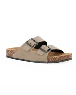 RIFLE - Ciabatta tortora da uomo con doppia fibbia e sottopiede in VERA PELLE