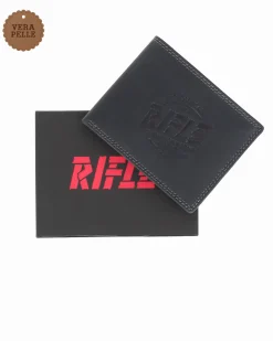 RIFLE - Portafoglio blu da uomo in VERA PELLE con ribaltina interna