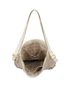 RIFLE - Sacca/Zaino beige con tasca posteriore e parte frontale scamoscia con frange
