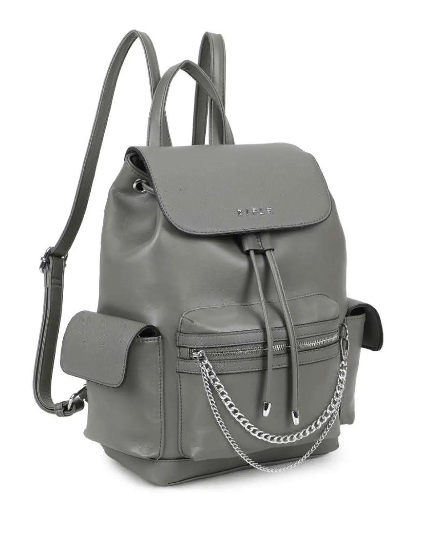 RIFLE - Zaino grigio multitasche con coulisse e patta, dettaglio catenina