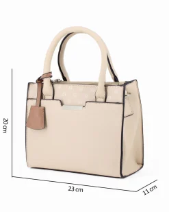 SERGIO TACCHINI - Borsa due manici beige con tasca frontale e tre scomparti interni, tracolla e ciondolo portachiavi removibili
