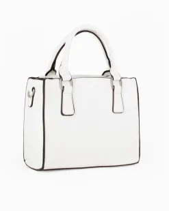 SERGIO TACCHINI - Borsa due manici bianca con pennacchio a frange e tre scomparti principali, tracolla removibile