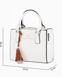 SERGIO TACCHINI - Borsa due manici bianca con pennacchio a frange e tre scomparti principali, tracolla removibile