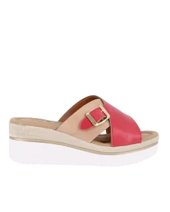 STARLIGHT - Ciabatta platform beige e rossa con fibbia e sottopiede in VERA PELLE, tacco 5,5CM - MADE IN ITALY