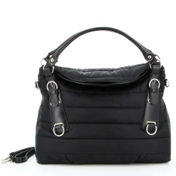 TATOO - Borsa due manici nera piumino con fibbie frontali e tracolla removibile, MADE IN ITALY