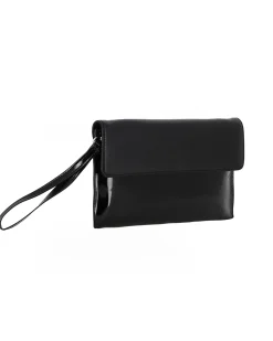 TATOO - Pochette nera in vernice con patta, laccetto e tracolla removibile, MADE IN ITALY
