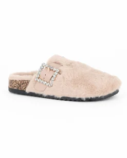 TATOO - Sabot beige con pelliccia e cinturino con fibbia strass
