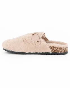 TATOO - Sabot beige con pelliccia e cinturino con fibbia strass