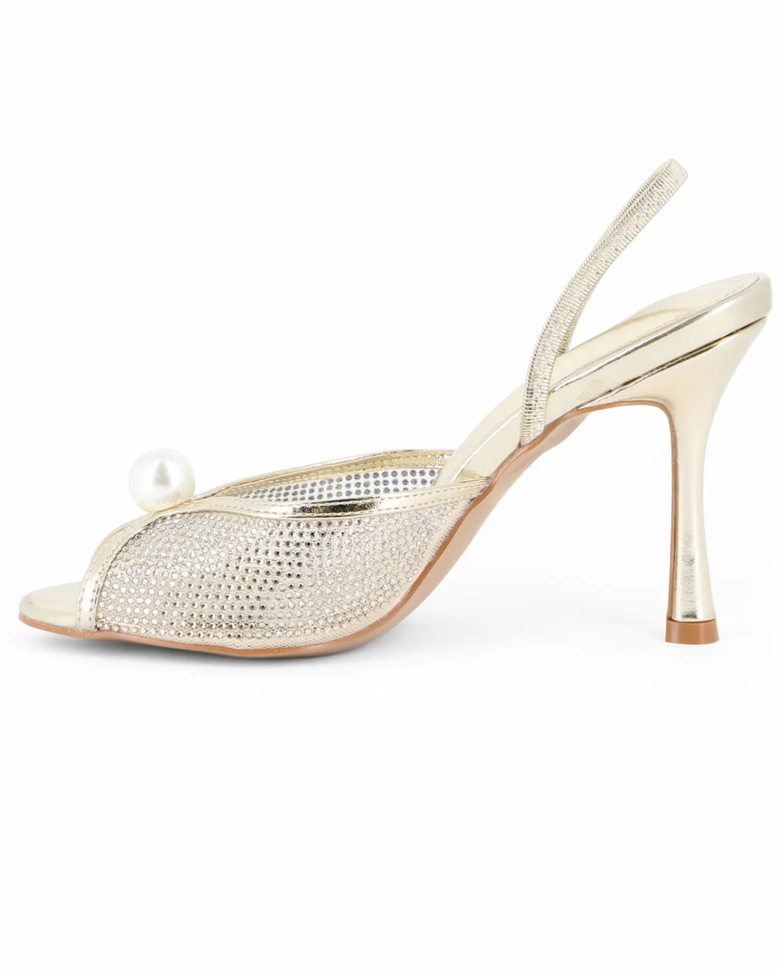 TATOO - Sandalo slingback oro con strass e perla, tacco 9,5CM