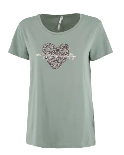 TATOO - Tshirt manica corta con cuore e scritta verde salvia in cotone