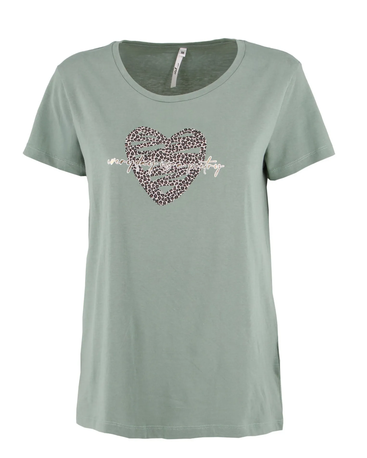 TATOO - Tshirt manica corta con cuore e scritta verde salvia in cotone
