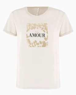 TATOO - Tshirt manica corta con stampa e scritta beige in cotone