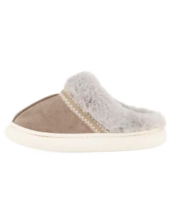 TIGLIO RAMBLAS - Pantofola beige scamosciata da donna con pelliccia