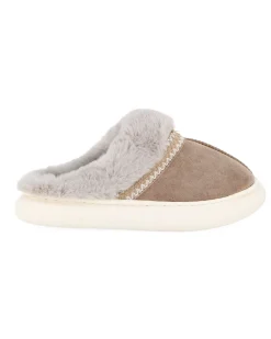 TIGLIO RAMBLAS - Pantofola beige scamosciata da donna con pelliccia