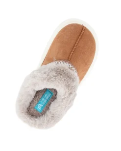 TIGLIO RAMBLAS - Pantofola nocciola scamosciata da donna con pelliccia