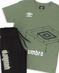 UMBRO - Completo mezza manica ragazzo 8-16 anni verde salvia e nero in cotone