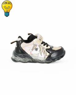 UNICORNO - Sneakers oro e nera da bimba con luci e strappo
