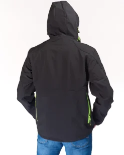 UNIVERS - GIACCA DA CACCIA MOENA NERA E VERDE LIME IN SOFTSHELL IMPERMEABILE