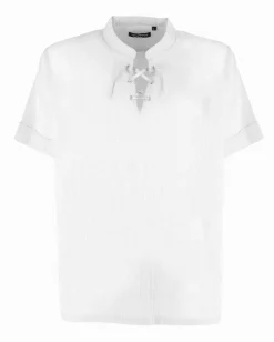 YELLOW DOG - CAMICIA MEZZA MANICA BIANCA, SCOLLO A V E LACCI FROTALI
