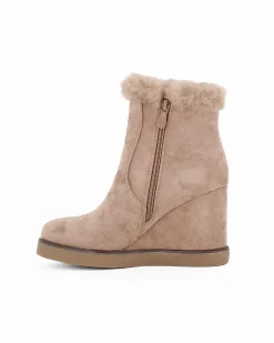 ZOE - Stivale khaki scamosciato con zip laterale e dettaglio bordo con pelliccetta, zeppa 9CM