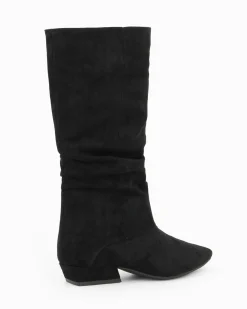 ZOE - Stivale nero scamosciato a punta con zip laterale e gambale arricciato, tacco 3CM